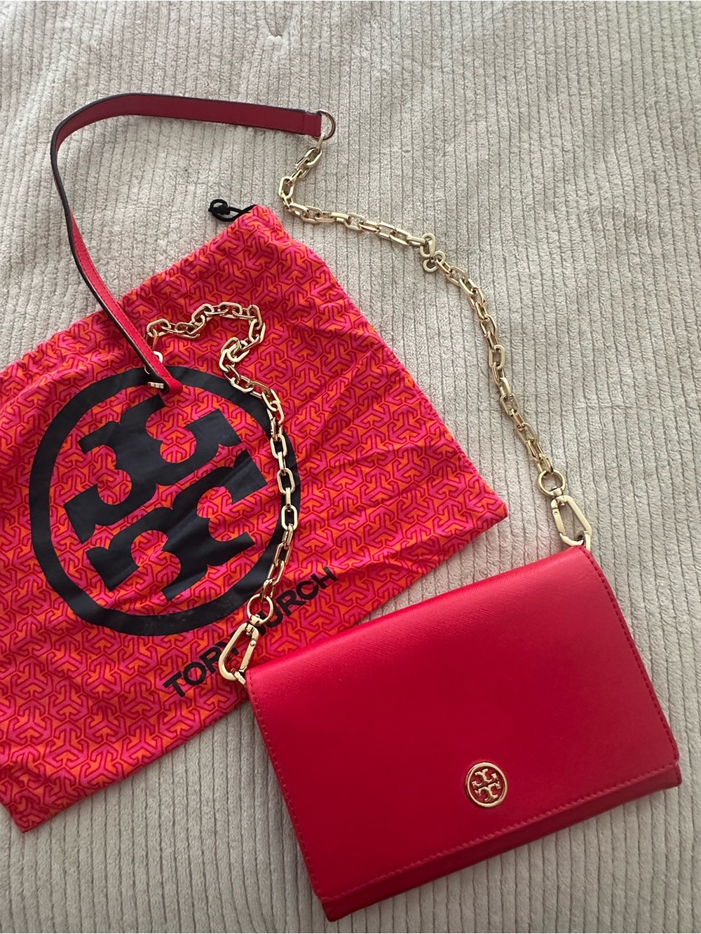 Tory Burch Pink-Red Leather Chain Crossbody with Gold Hardware